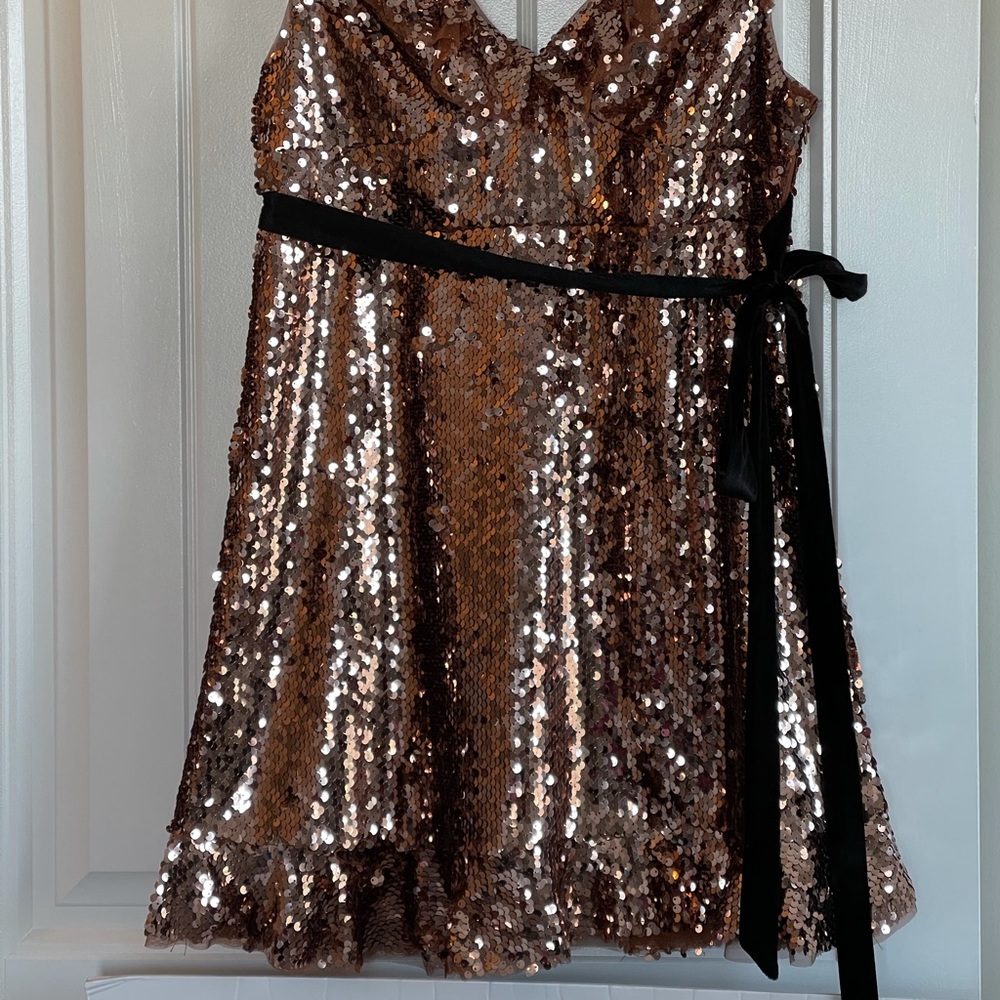 Free People Rose Gold Sequin Formal Evening Holiday Party Dress, Sz 12 - Picture 11 of 15